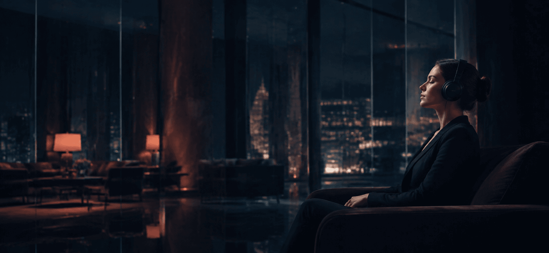 Eine Frau hört nachts vor einer leuchtenden Skyline eine Geschichte